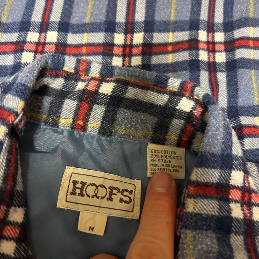 Vintage 90s Hoofs Plaid Lined Pearl Snap Flannel Shirt Mens Medium Blue Red - Picture 4 of 6